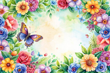 Vibrant watercolor floral frame with butterfly, perfect for invitations or cards.