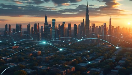 Urban skyline during sunset with digital connectivity lines representing data flow