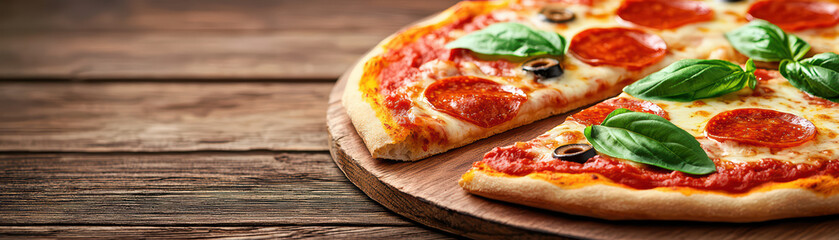 Delicious pepperoni pizza with fresh basil leaves