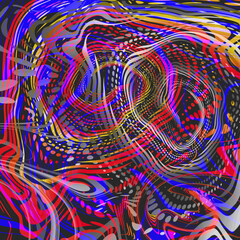 Abstract composition of yellow, blue, red lines, circles and stripes on a black background