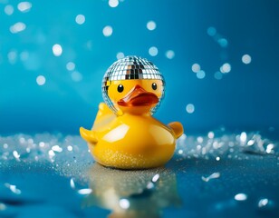 rubber little duckling as a disco ball on bright background party concept disco duck foam or pool party spa and bath day self care self love concept