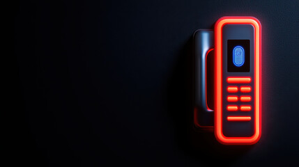 Obraz premium Neon digital phone with glowing buttons on dark background