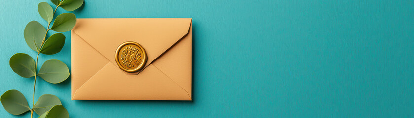 Minimalistic envelope with wax seal on teal background
