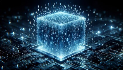 Quantum computer CPU core with code and data sorting, representing AI and blockchain technology.
