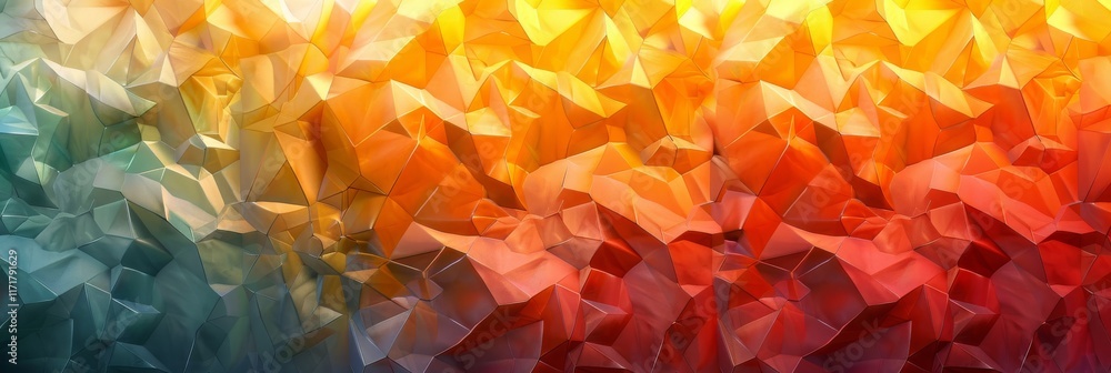 Poster abstract geometric shapes with a gradient of blues, yellows, and reds create a vibrant pattern. conc