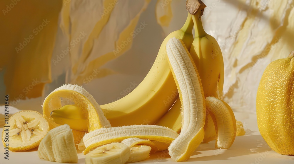 Poster close-up of peeled and unpeeled bananas and a pomelo fruit, artistically arranged on a light beige s