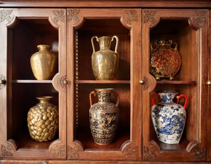 ancient chinese vases displayed in a ornate wooden cupboard ornate decor wood