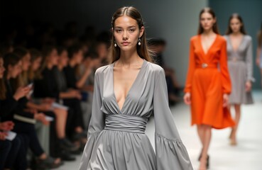 Beautiful models walk on fashion show runway. Stylish dresses in trendy colors displayed. Stylish women showcase elegant design. Fashion event in modern setting. Trendy clothes, models. Fashion show