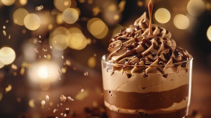 Delicious chocolate mousse is presented in an elegant glass, topped with whipped cream and golden sprinkles. Soft bokeh lights create a festive atmosphere