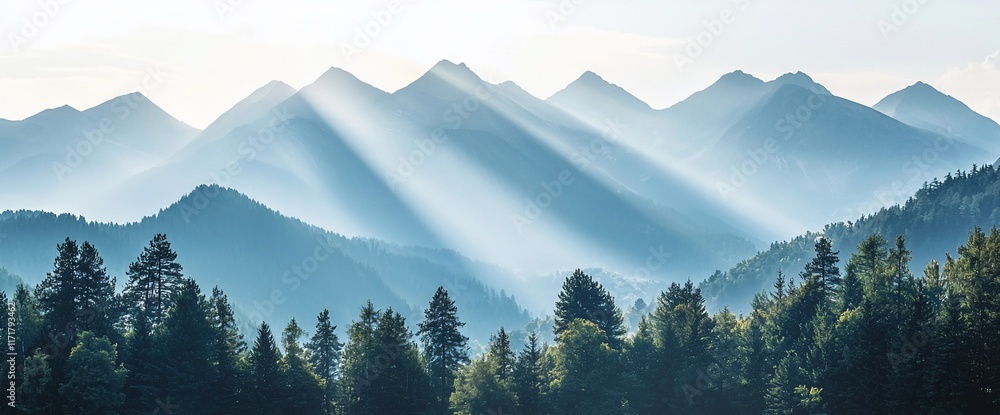 Poster sunbeams illuminating a mountain range and coniferous forest.