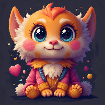 La imagen muestra un adorable gatito de dibujos animados con grandes ojos azules, pelaje naranja y blanco, y una expresi&oacute;n dulce. Est&aacute; sentado con las patas delanteras juntas y lleva una chaqueta rosa