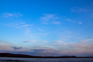 Sunset on the Volga River in the winter. Russia.
