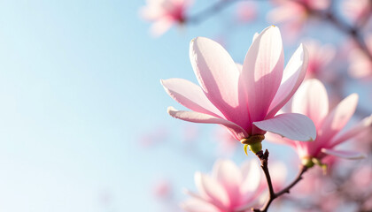 Obraz premium Pink magnolia flower blooming against a blue sky