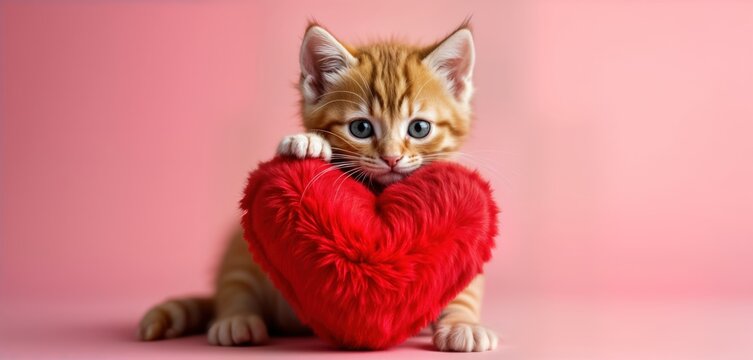 Cute ginger kitten holds red heart shaped plush toy. Kitten looks affectionate, adorable on pink background. Perfect for Valentine Day animal shelter advertising. Image suitable for cards, banners,