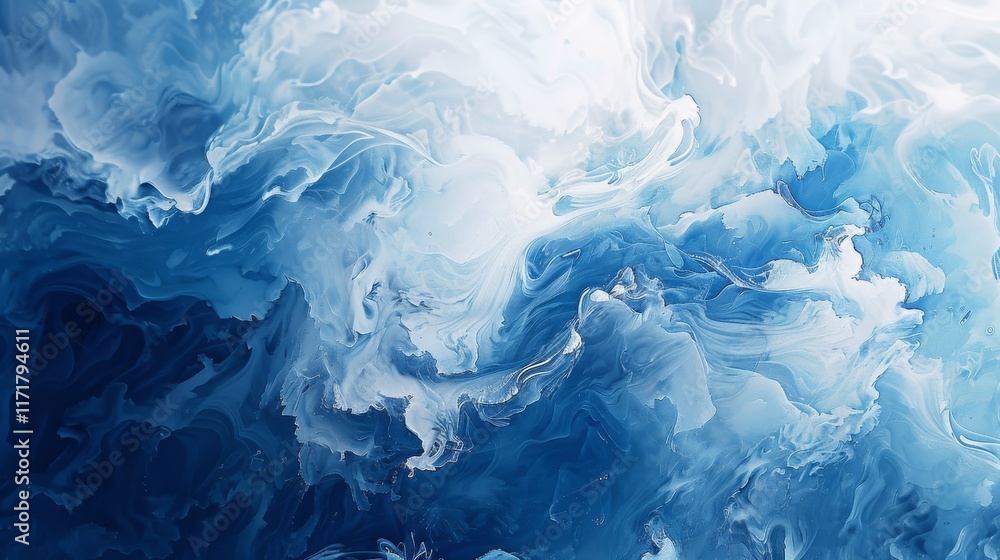 Poster abstract blue and white swirling paint patterns create a fluid appearance. concept of fluidity and c