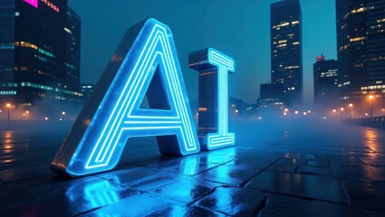 The 'AI' letters in neon glow on a dark cityscape backdrop