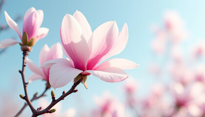 Obraz premium Magnolia flowers blooming against a blue sky