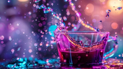 A close-up shot captures a bright purple coffee cup with splashes of liquid flying, set against a lively and colorful blurred backdrop, evoking excitement
