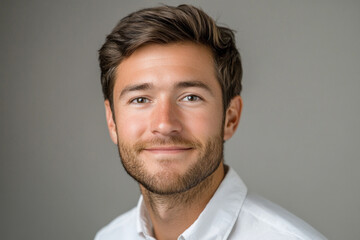 Man with beard wearing white shirt playing guitar outdoors next to a campfire under starry night sky.