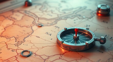 Futuristic sci-fi style image of a compass with red pins on a faded map, rendered in soft pastel colors with high contrast and low-key lighting. The scene features advanced technology, space elements,