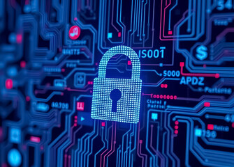 The digital padlock on a circuit board, highlighting the concept of cybersecurity. The padlock, composed of glowing blue pixels, is centered on a complex and abstract circuit board
