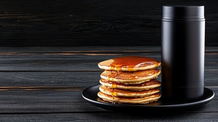 Stack of pancakes drenched in syrup sits on a plate next to a black thermos on a dark wooden background.