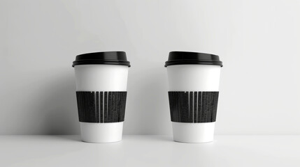 Two plain coffee cups with black lids and a minimalist design are positioned side by side against a clean, neutral backdrop, emphasizing simplicity and style