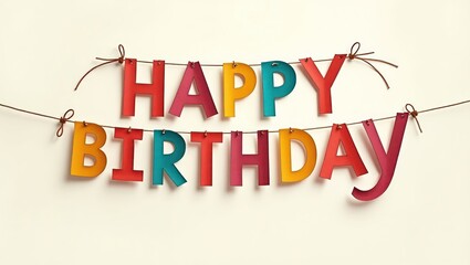 Happy Birthday words made from paper, hanging in a line with white background