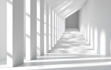 Obraz premium Sunlit white hallway with columns and stairs.