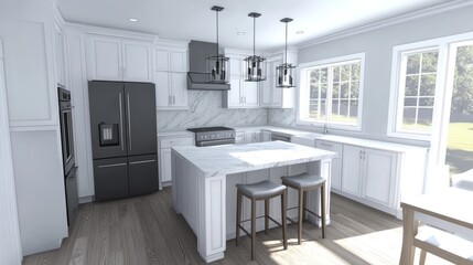 Minimalist white kitchen design with sleek cabinets, marble countertops, and advanced appliances.