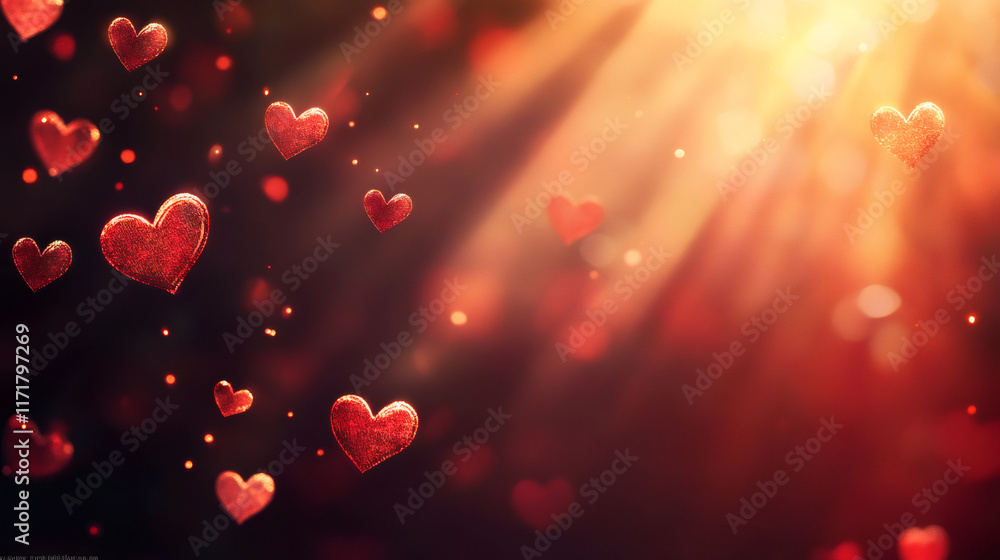 Poster red hearts falling on a warm background illuminated by sunlight creating a romantic valentine's day 