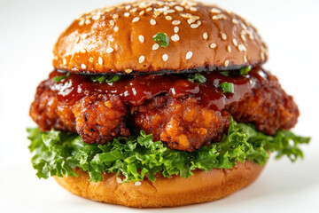 Chicken sandwich with lettuce, tomato, and melted cheese on golden toasted bread, served on a white plate with a side of crispy fries.