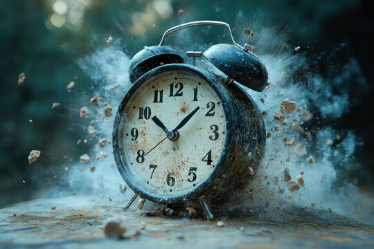 Alarm clock exploding from the ground, sending clock hands flying, dirt and debris everywhere.