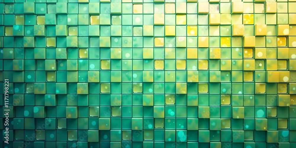 Poster abstract texture, mosaic consisting of many square pieces with elements in shades of green and yello