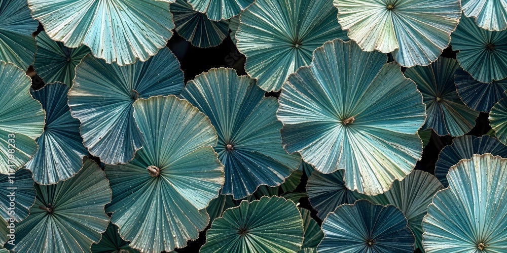 Poster abstract fractal patterns with symmetrical green and blue shapes resembling crystals or snowflakes, 