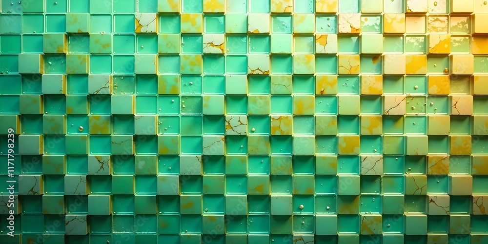 Poster abstract texture, mosaic consisting of many square pieces with elements in shades of green and yello