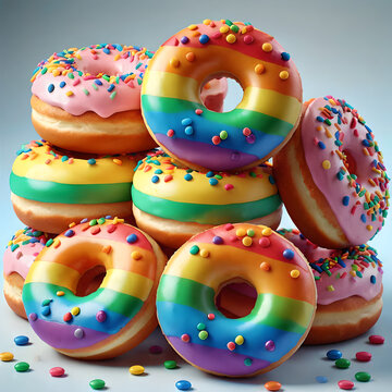 M&uacute;ltiples donas multicolor apiladas listas para saborear.