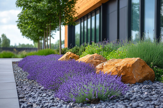 Lavender plants flourish in a modern landscape design