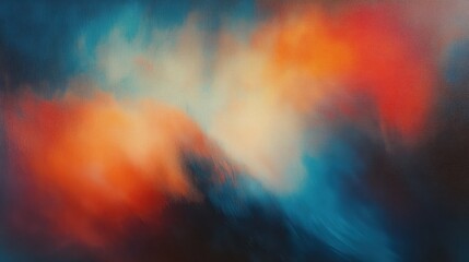 Fototapeta premium Abstract painting, blurred colors, orange and blue gradients, fluid textures, soft transitions, atmospheric, ethereal, emotional, vibrant, dynamic brushstrokes, panoramic composition, dreamlike, cosmi