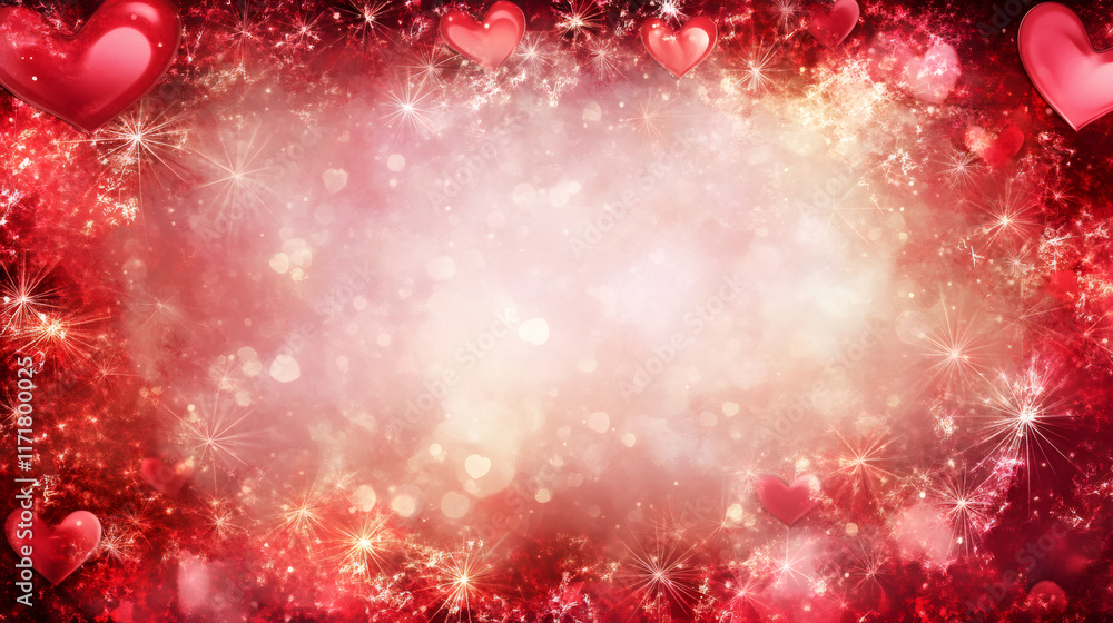 Poster romantic red and pink valentine's day background with hearts, sparkles and bokeh creating a festive 