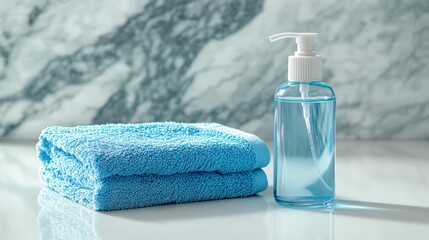 A bottle of hand sanitizer placed next to a clean towel, representing the idea of maintaining hygiene with accessible products. The setting is bright and clean, symbolizing health and safety