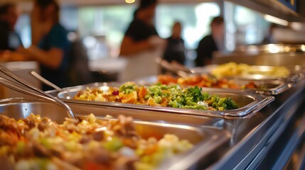 Obraz premium Buffet line with various dishes, including vegetables and meat, in stainless steel containers. People are seen in the background.
