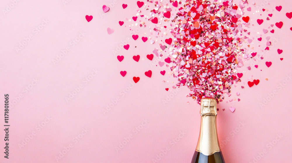 Poster creative flat lay composition with bottle of champagne and heart shaped confetti exploding on pastel