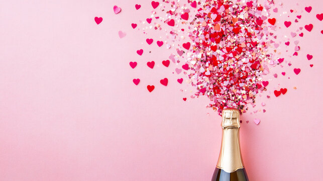 Creative flat lay composition with bottle of champagne and heart shaped confetti exploding on pastel pink background for Valentine's Day