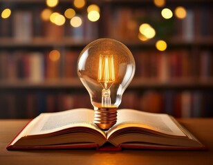 concept of knowledge symbolized by light bulb above open book with blurred bookshelf background and warm bokeh lights representing ideas and learning