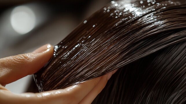 Close-up of a hand applying hair oil to hair ends, with a clean, minimalist background highlighting simple, nourishing hair care. The calm scene focuses on hair health and maintenance