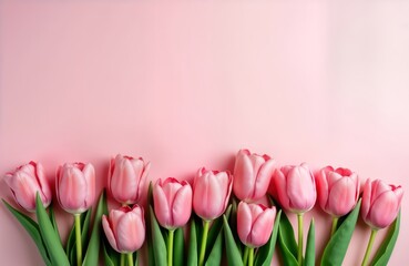 Fototapeta premium Spring flowers bouquet of pink tulips on pastel pink backdrop. Beautiful floral composition. Perfect for celebrations like Mothers Day, Womens Day, Easter, Valentines Day. Flat lay top view design