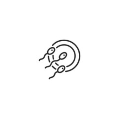 Minimalist black line icon of sperm and egg encounter with white background