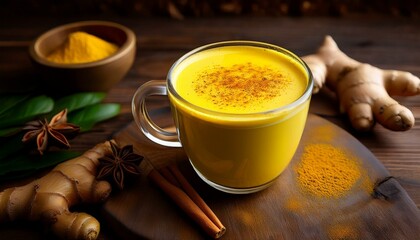 a photo of a mug of golden turmeric latte on a wooden table digital pic
