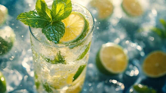 Nojito mocktail, featuring fresh lime slices and mint leaves floating in fizzy soda, surrounded by crushed ice in glass. Sparkling drink reflects natural light, creating a refreshing and lively look